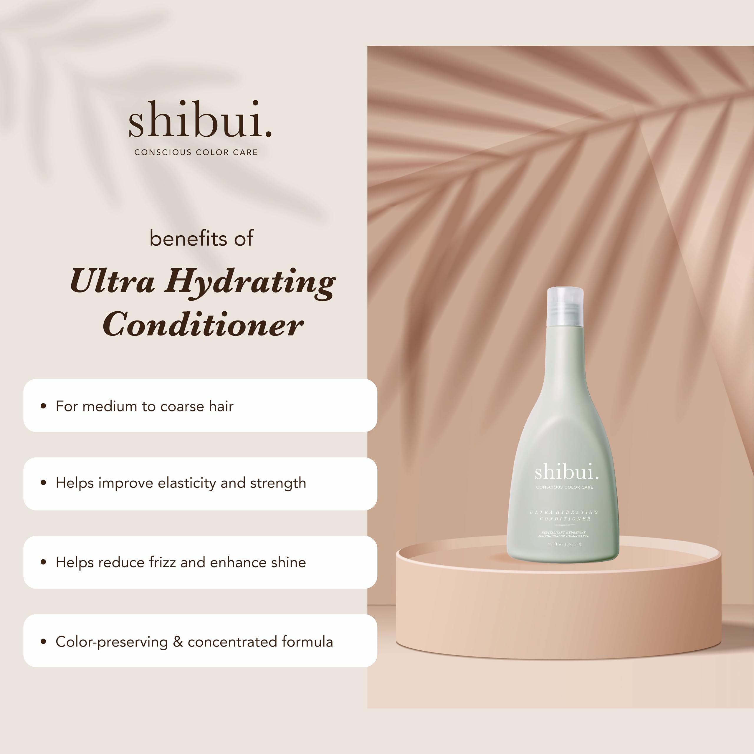 SHIBUI Ultra Hydrating Conditioner packaging communicates a clean vegan formula and color protection