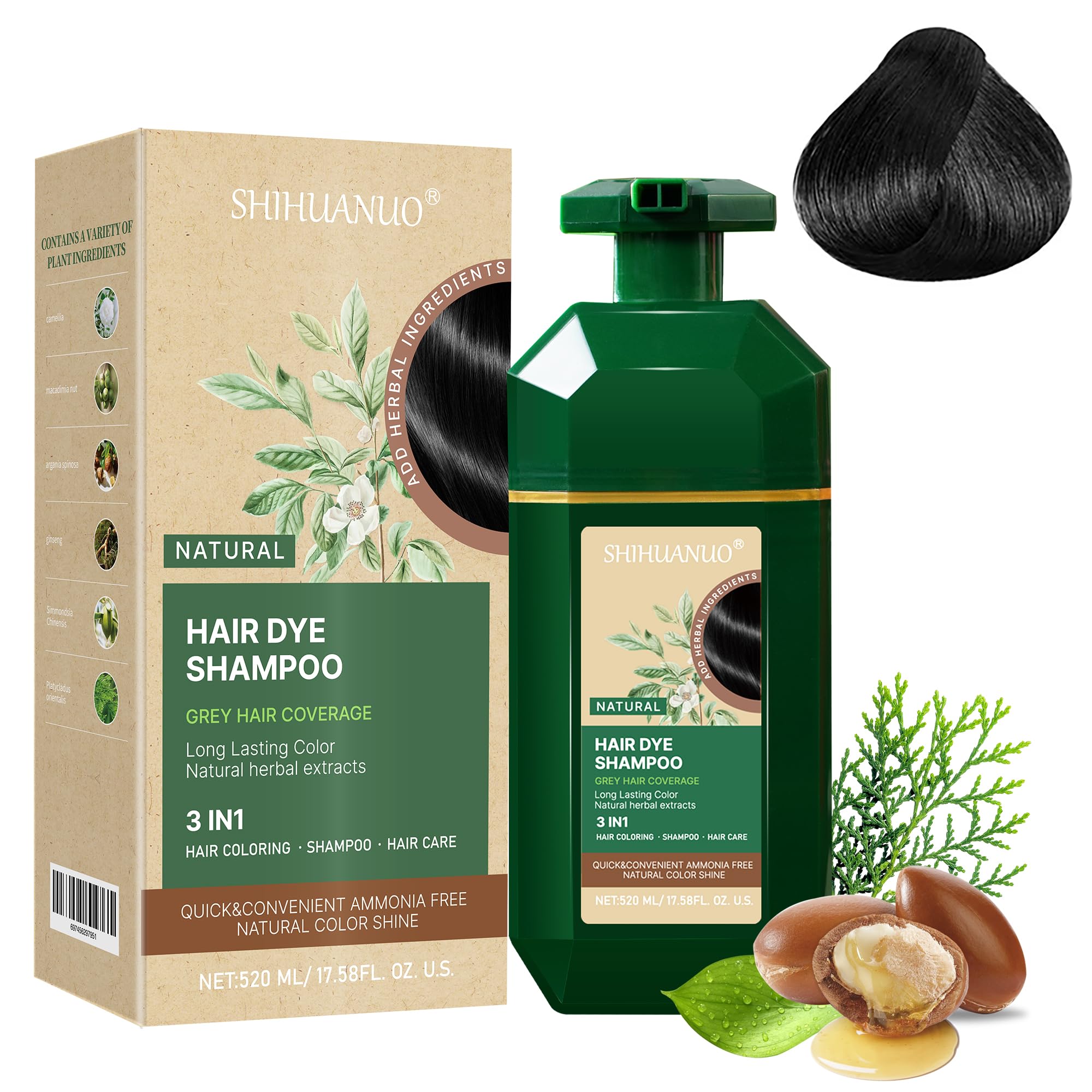 SHIHUANUO Black Hair Dye Shampoo bottle shows easy application for gray coverage.
