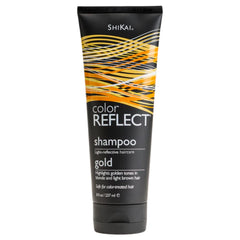 ShiKai Color Reflect Gold Shampoo pour highlights golden tones in blonde hair, enhancing color and shine.