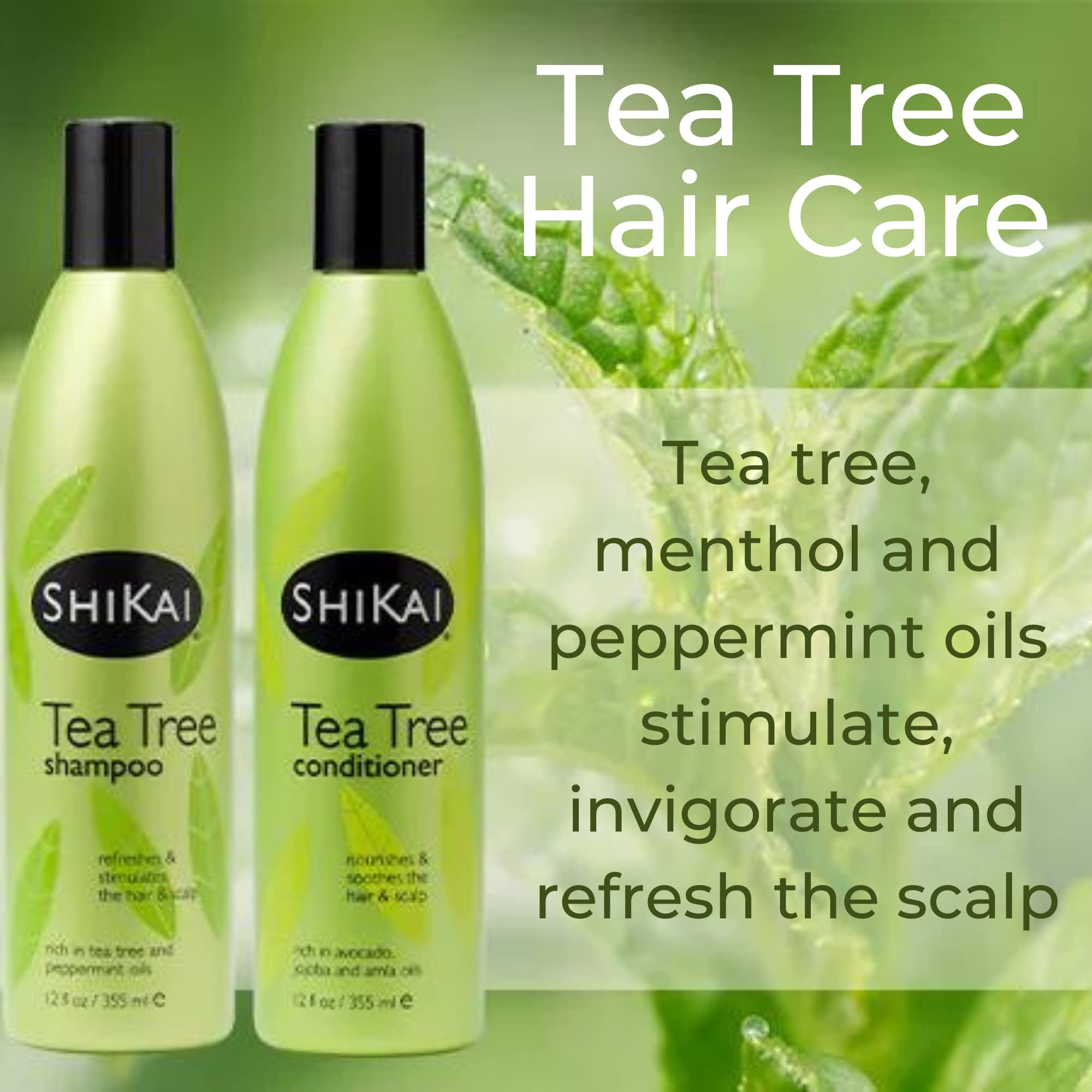 ShiKai Tea Tree Conditioner ingredients close-up: tea tree, peppermint, refreshing scent