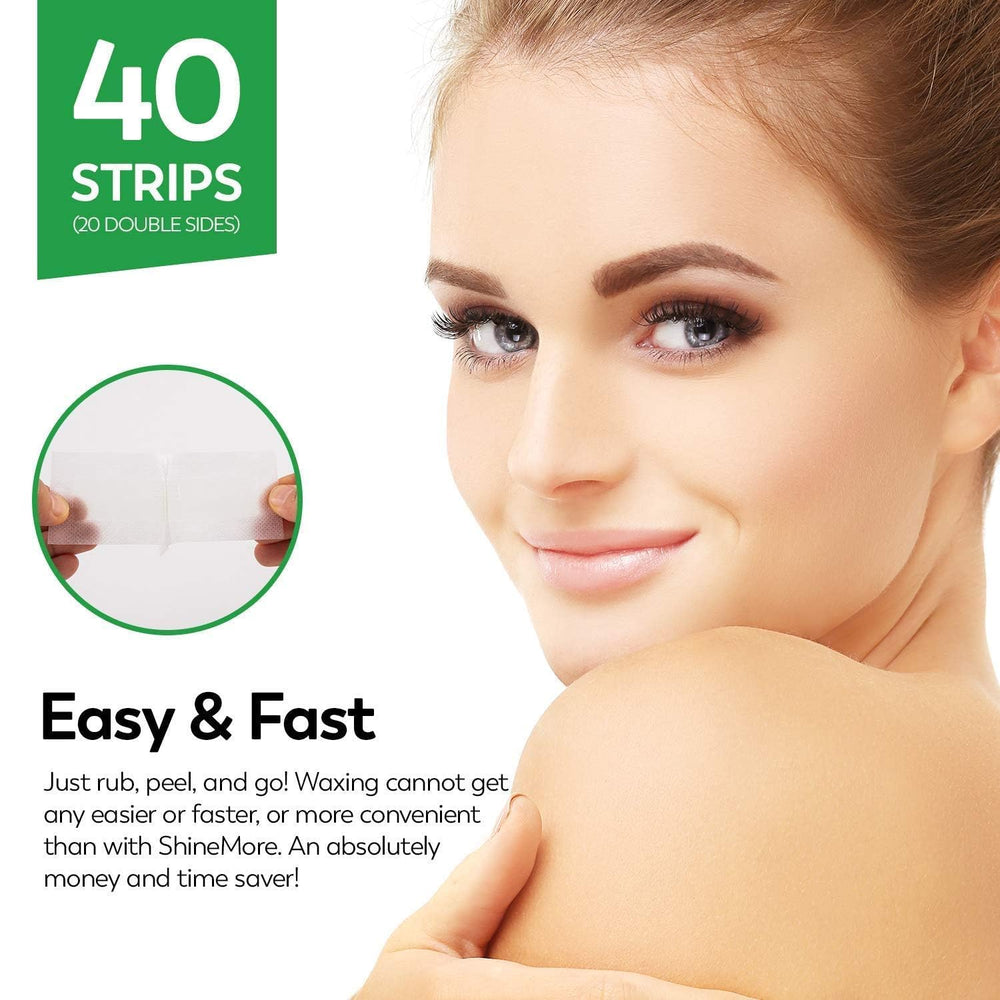 ShineMore facial wax strips application demonstrates easy rub-peel removal for quick results