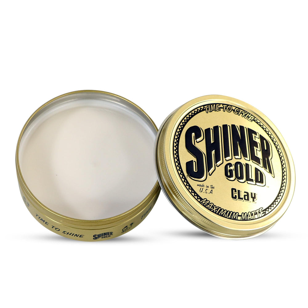 Shiner Gold Clay Pomade jar 3-5oz highlighting easy washout.