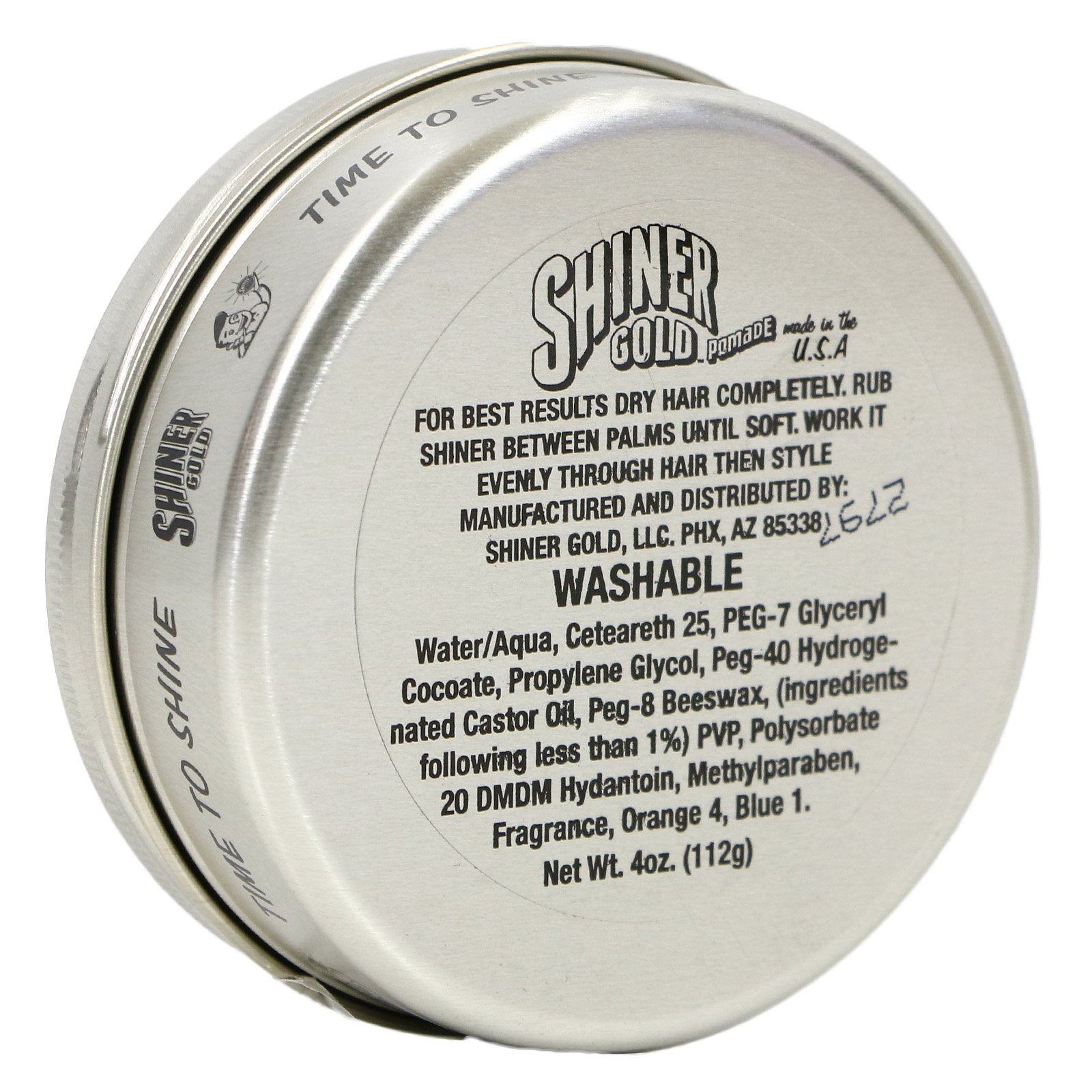 Shiner Gold Pomade tin close-up shows high shine finish for polished looks.
