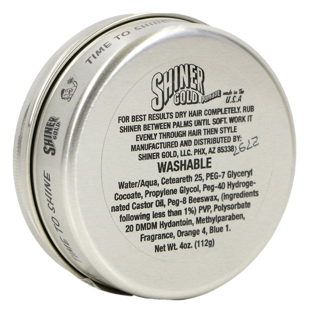 Shiner Gold Pomade tin close-up shows high shine finish for polished looks.