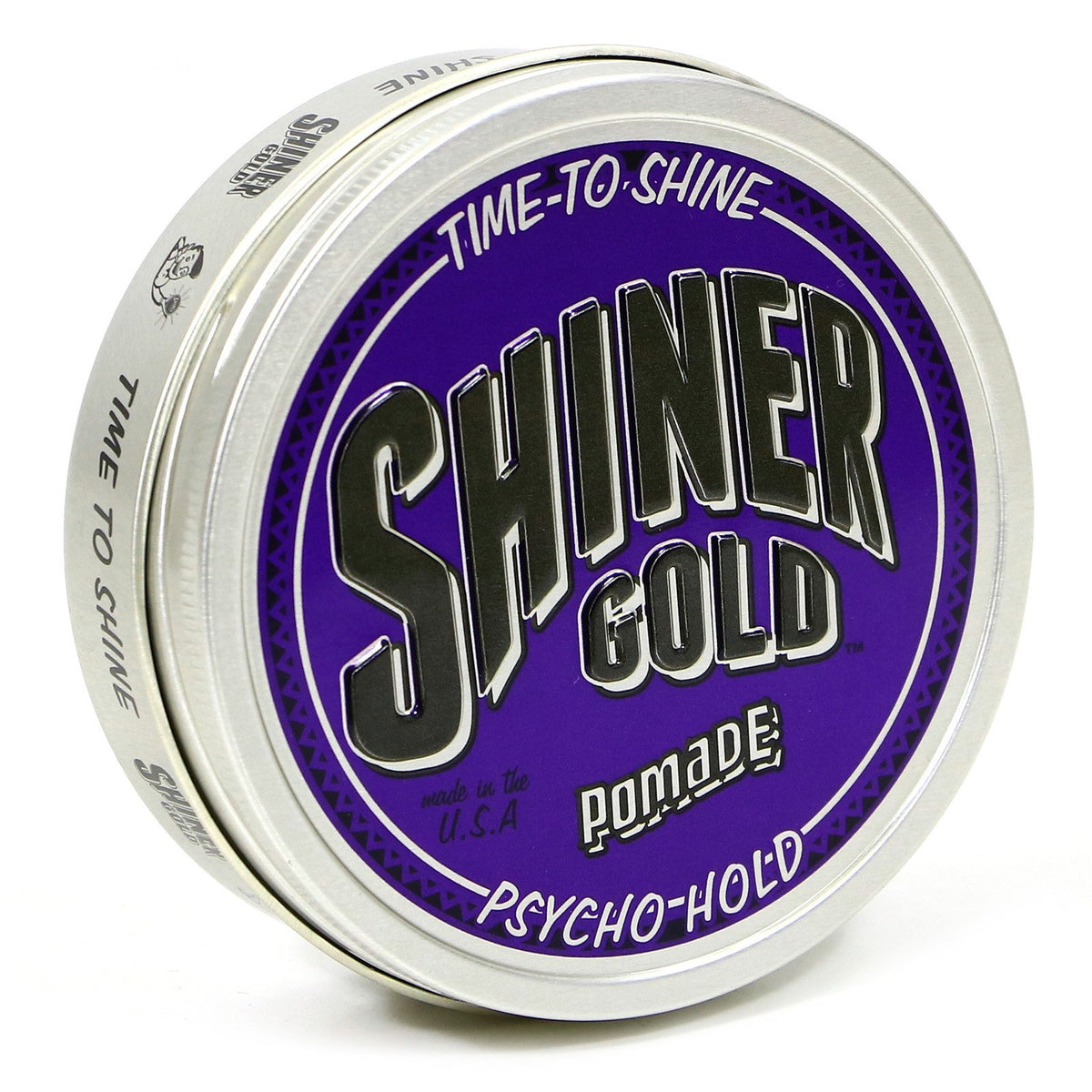 Shiner Gold Psycho Hold pomade jar close-up with long-lasting hold