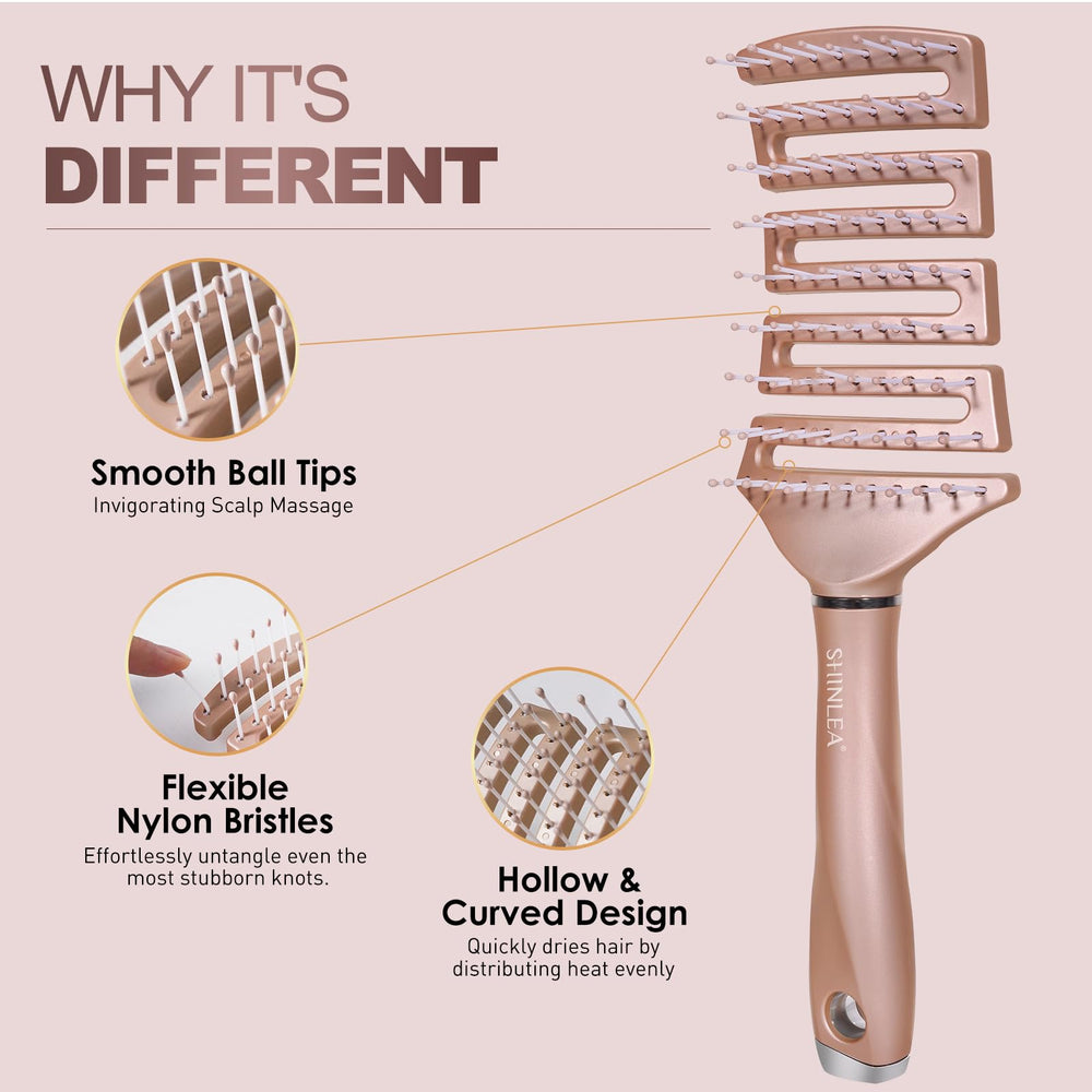 SHINLEA curved detangler brush with flexible bristles glides through knots with ease