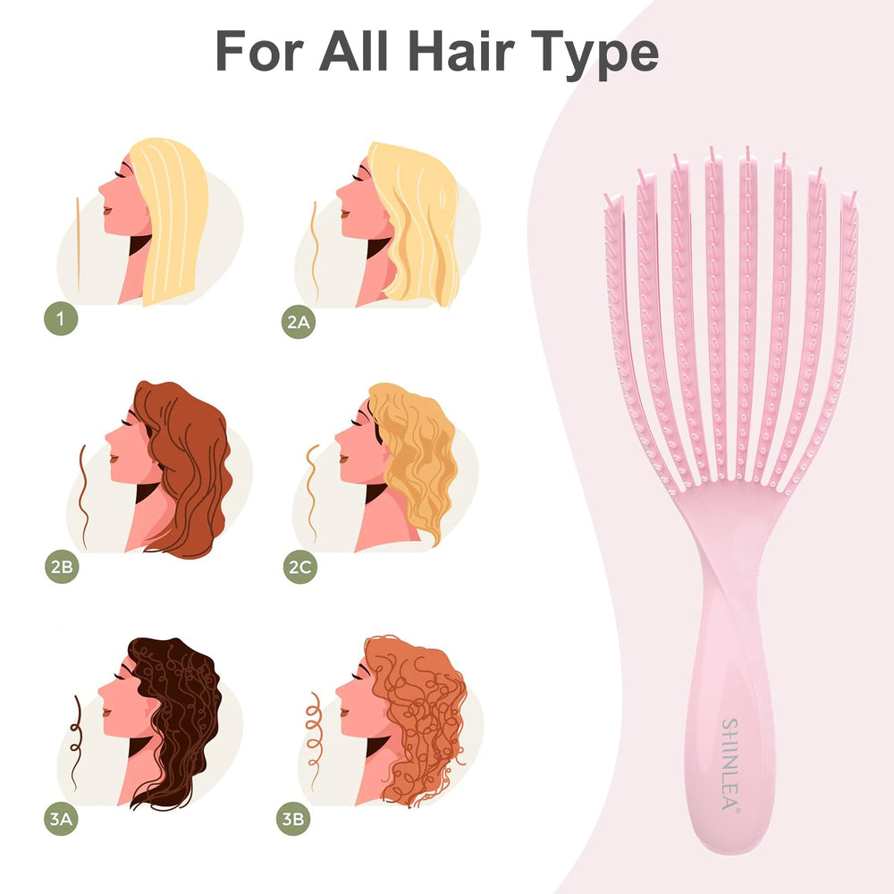 SHINLEA detangler brush with 8-arm curved teeth for thorough detangling.