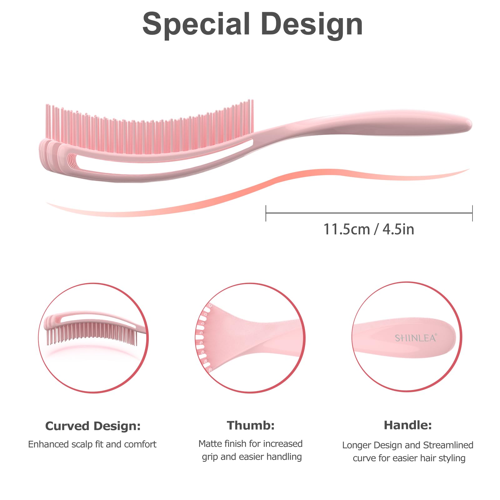 SHINLEA pink detangler brush highlighting tangle-free styling for curly hair.