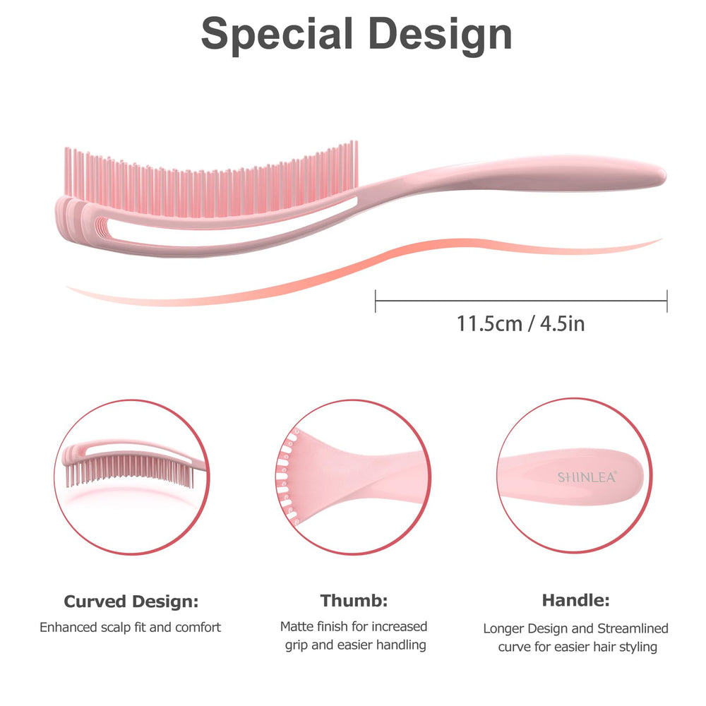 SHINLEA pink detangler brush highlighting tangle-free styling for curly hair.