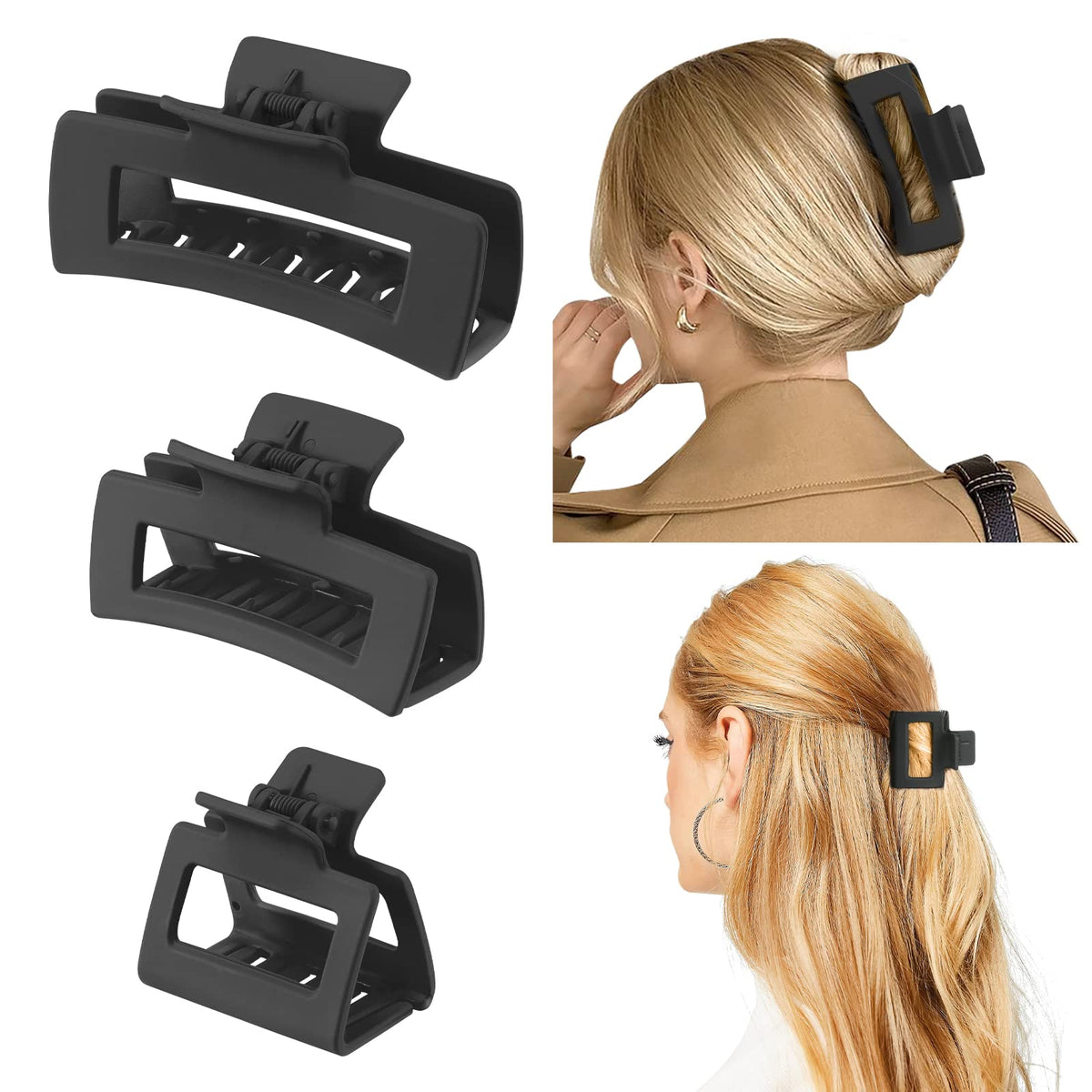 Shinowa 3-pack hair claw clips group shot showing non-slip grip for all hair types.