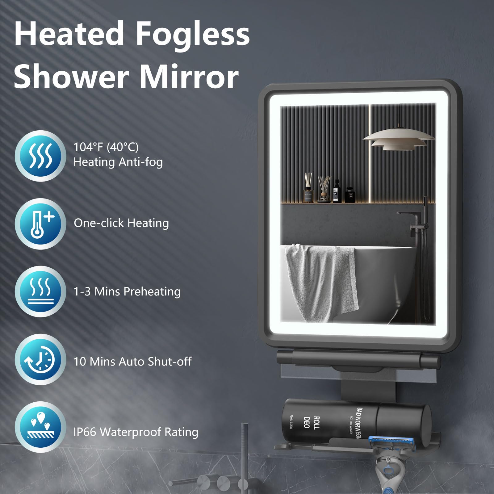 Shinowa heated fogless mirror with blue heating indicator shows ready defogging