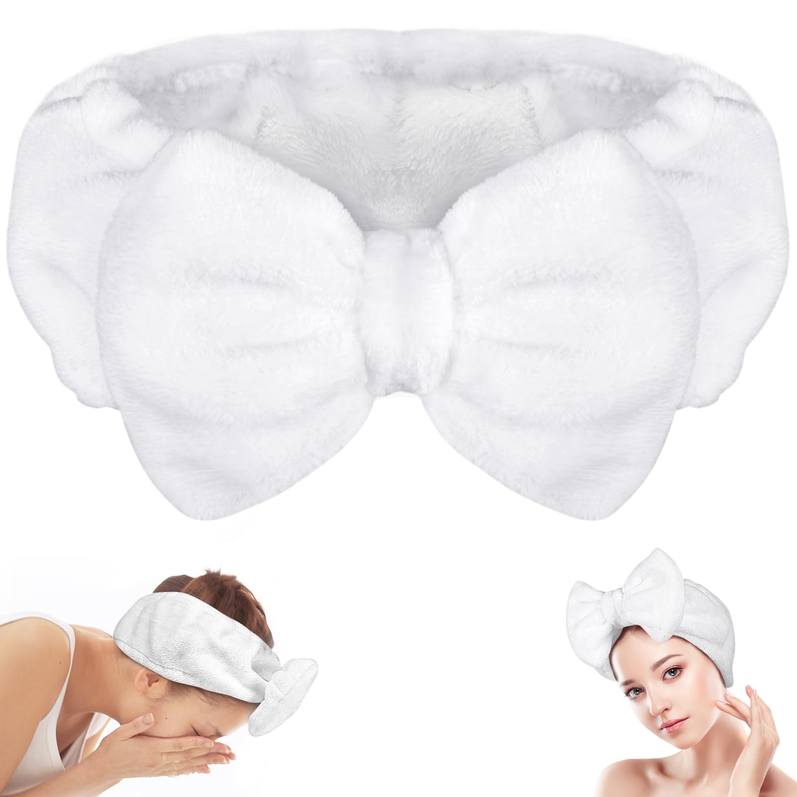 Shintop skincare headband in white coral fleece with bow, perfect for keeping hair away during cleansing