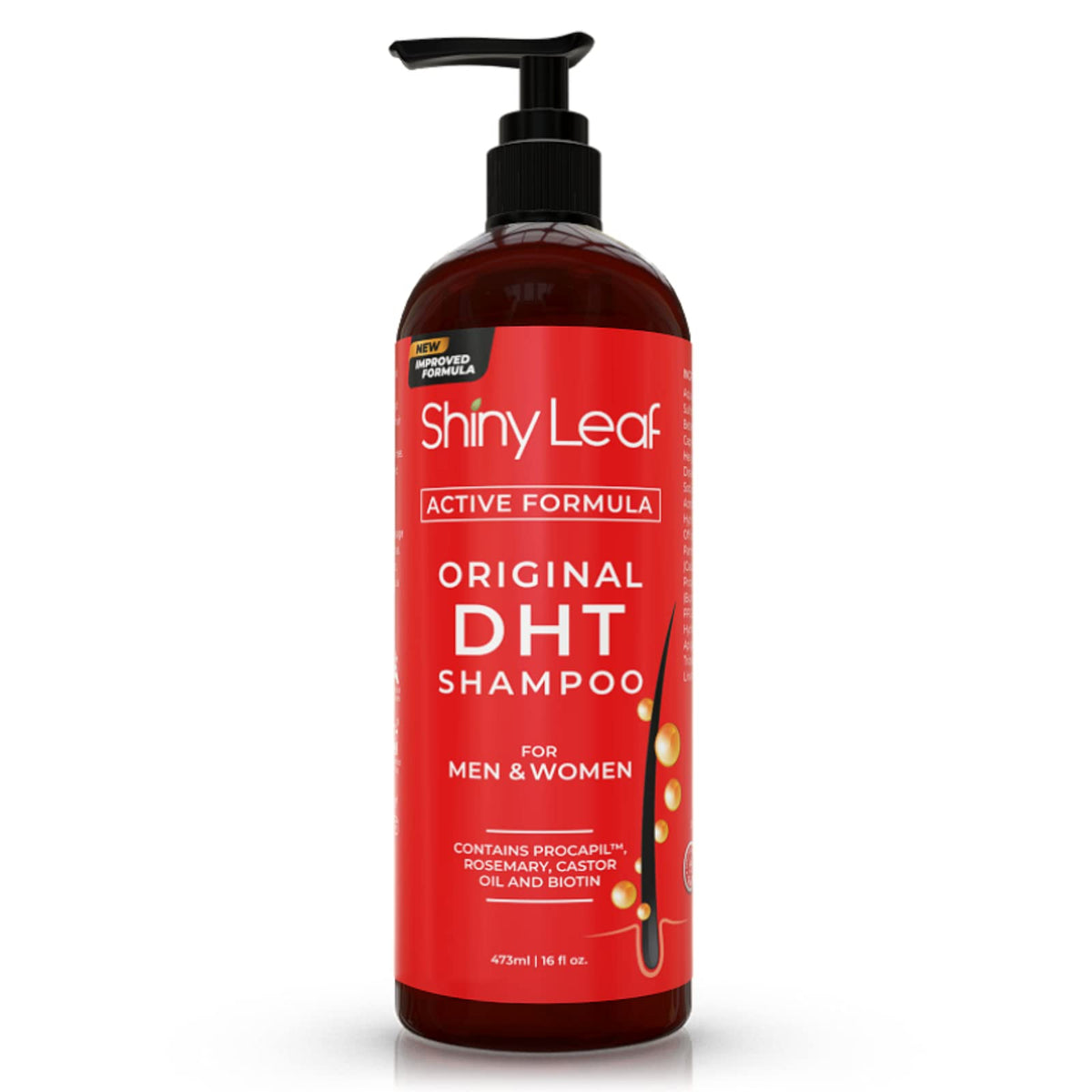Shiny Leaf anti-hair-loss shampoo bottle with DHT blockers supports healthier roots.