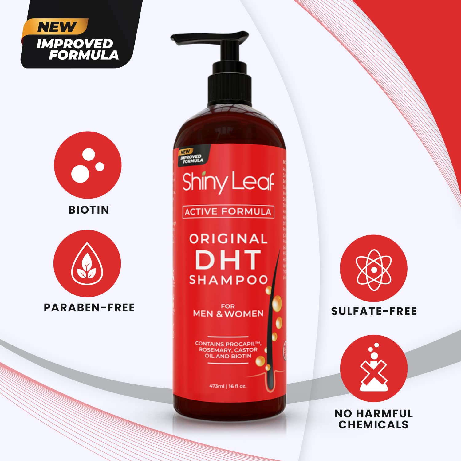 Shiny Leaf Champú DHT con ingredientes naturales para fortalecer folículos.