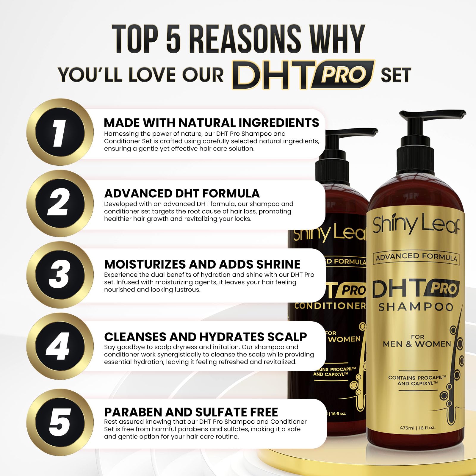 Shiny Leaf DHT Pro Conditioner bottle highlighted for moisture and easy detangling.