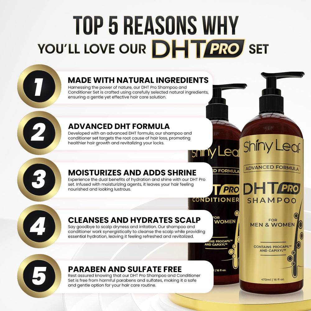 Shiny Leaf DHT Pro Conditioner bottle highlighted for moisture and easy detangling.