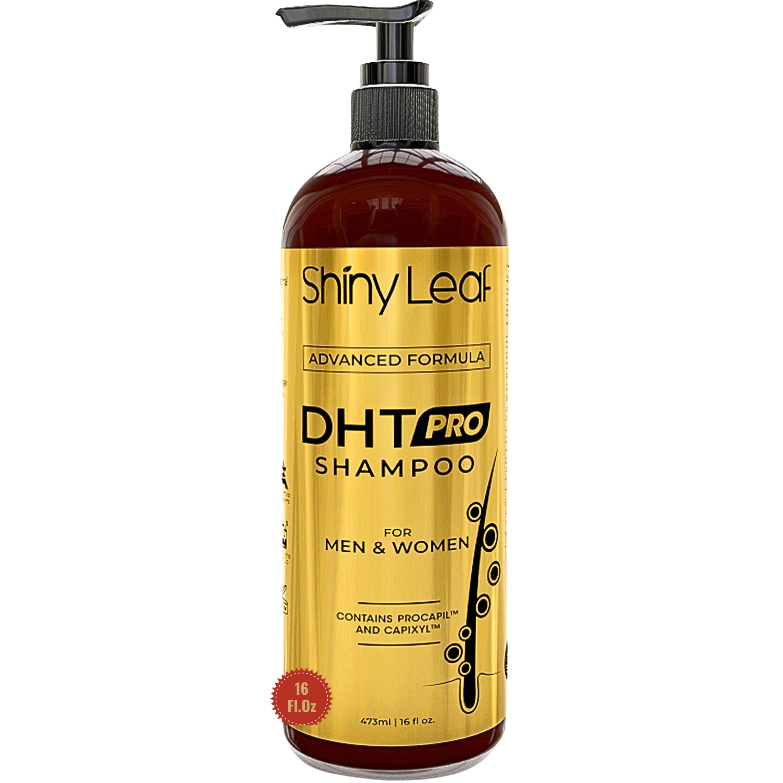 Shiny Leaf DHT Pro Shampoo bottle front shows advanced formula for daily care.