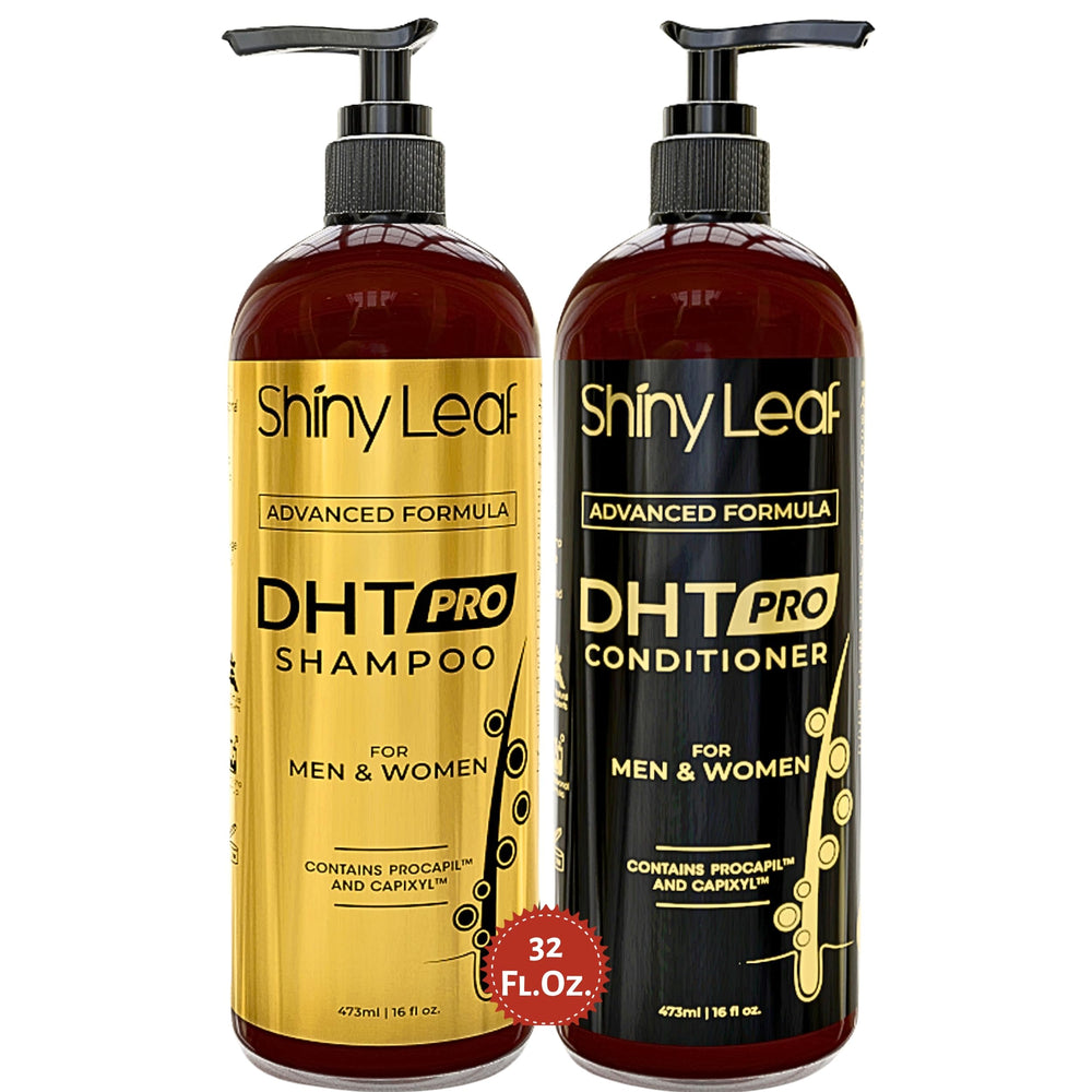 Shiny Leaf DHT Pro Shampoo bottle shown for daily cleansing with scalp-support benefits.
