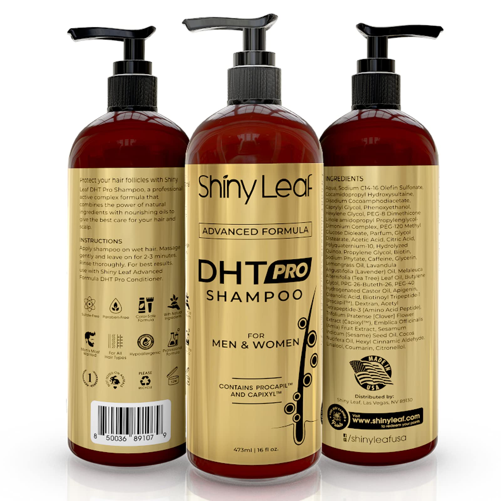 Shiny Leaf DHT Pro Shampoo beside color-treated hair indicates color-safe formula.