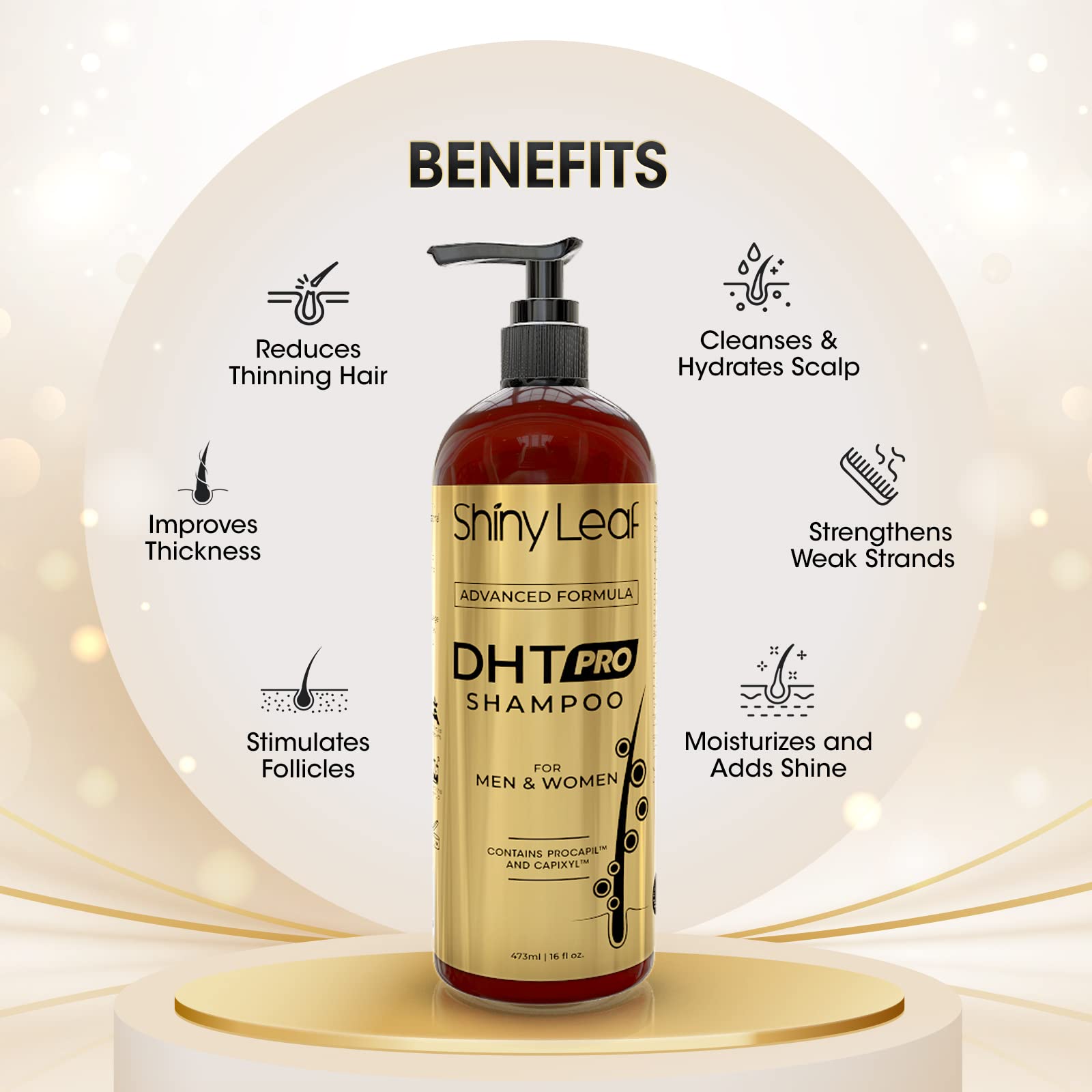 Shiny Leaf DHT Pro Shampoo bottle shows DHT blockers and natural extracts.