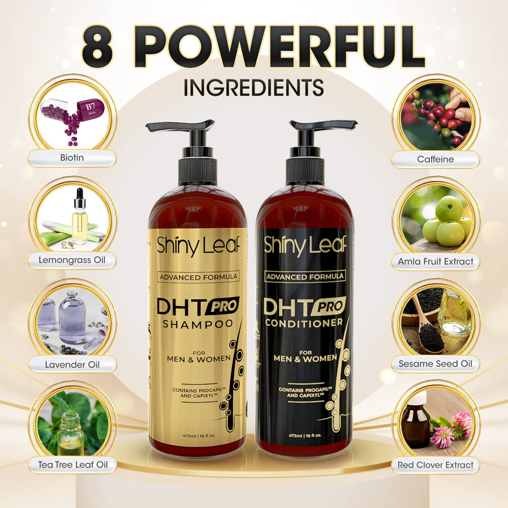 Shiny Leaf DHT Pro Shampoo foam pump displays rich lather for refreshed hair.