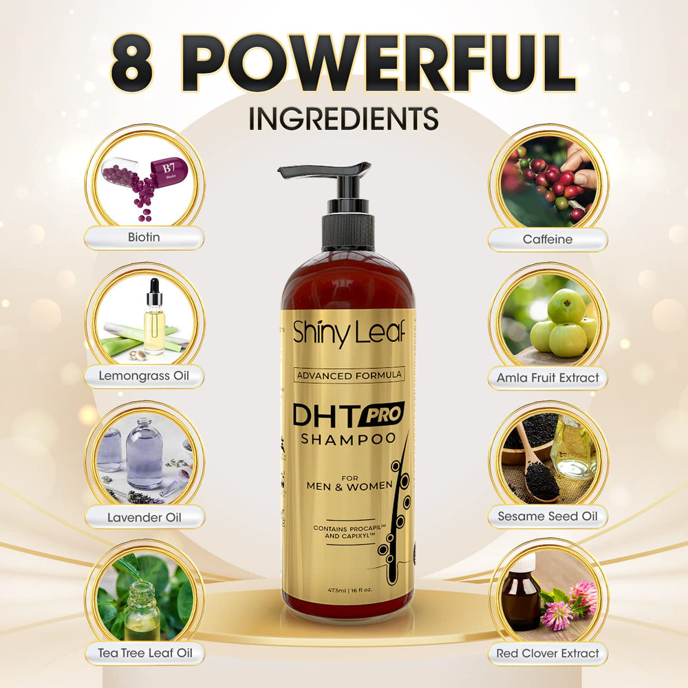 Shiny Leaf DHT Pro Shampoo with Procapil and Capixyl underscores science-backed ingredients.