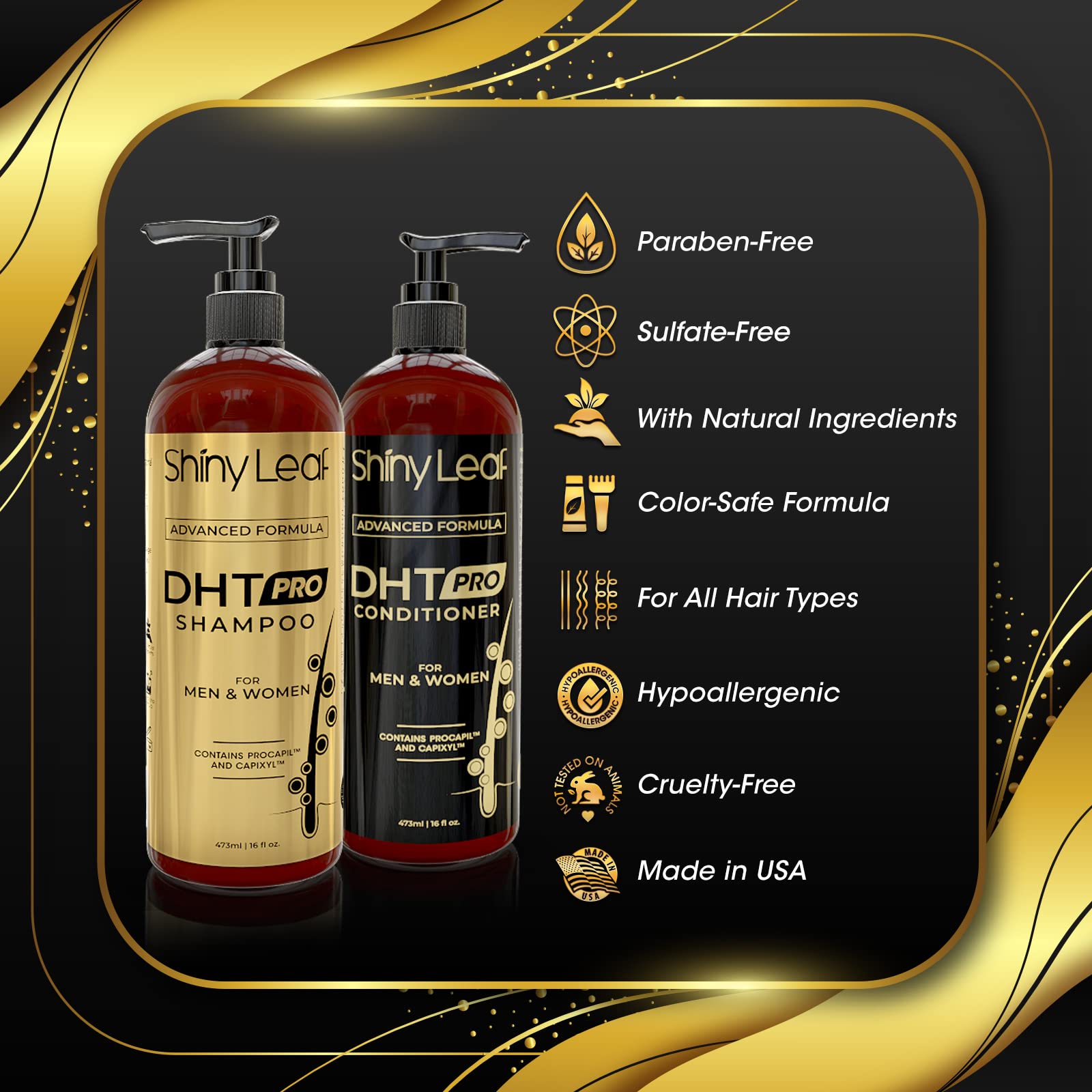 Shiny Leaf natural DHT blockers label highlights plant extracts for nourishing care.