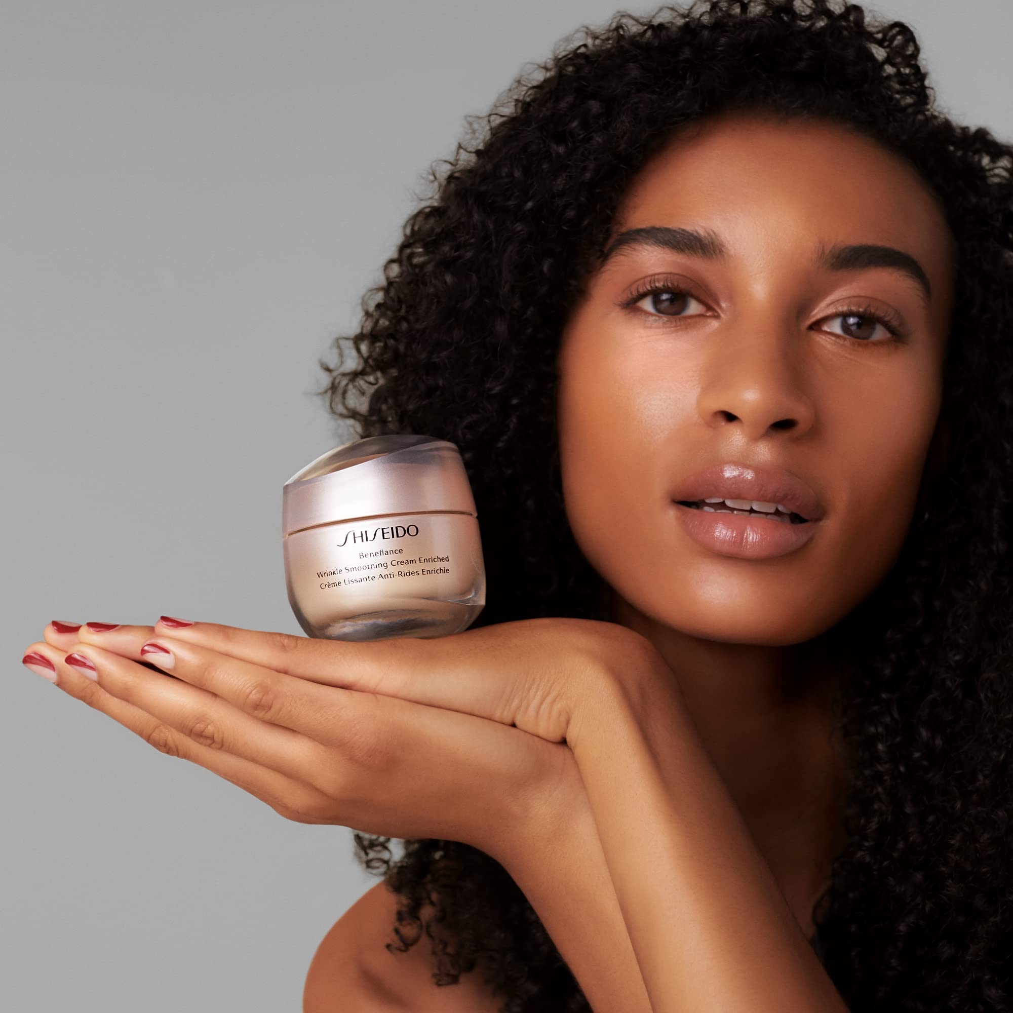 Shiseido Benefiance closeup of the jar emphasizes rich texture and lasting 24-hour hydration.