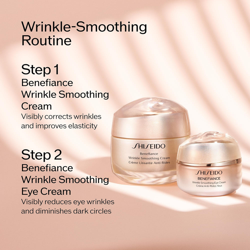 Ingredients on packaging highlight peptides and squalane in Shiseido Benefiance eye cream.