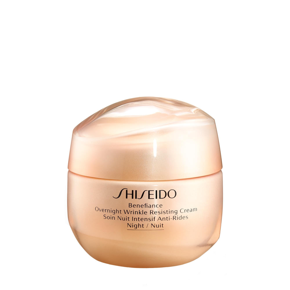 Shiseido Benefiance overnight cream bottle close-up for nightly hydration.