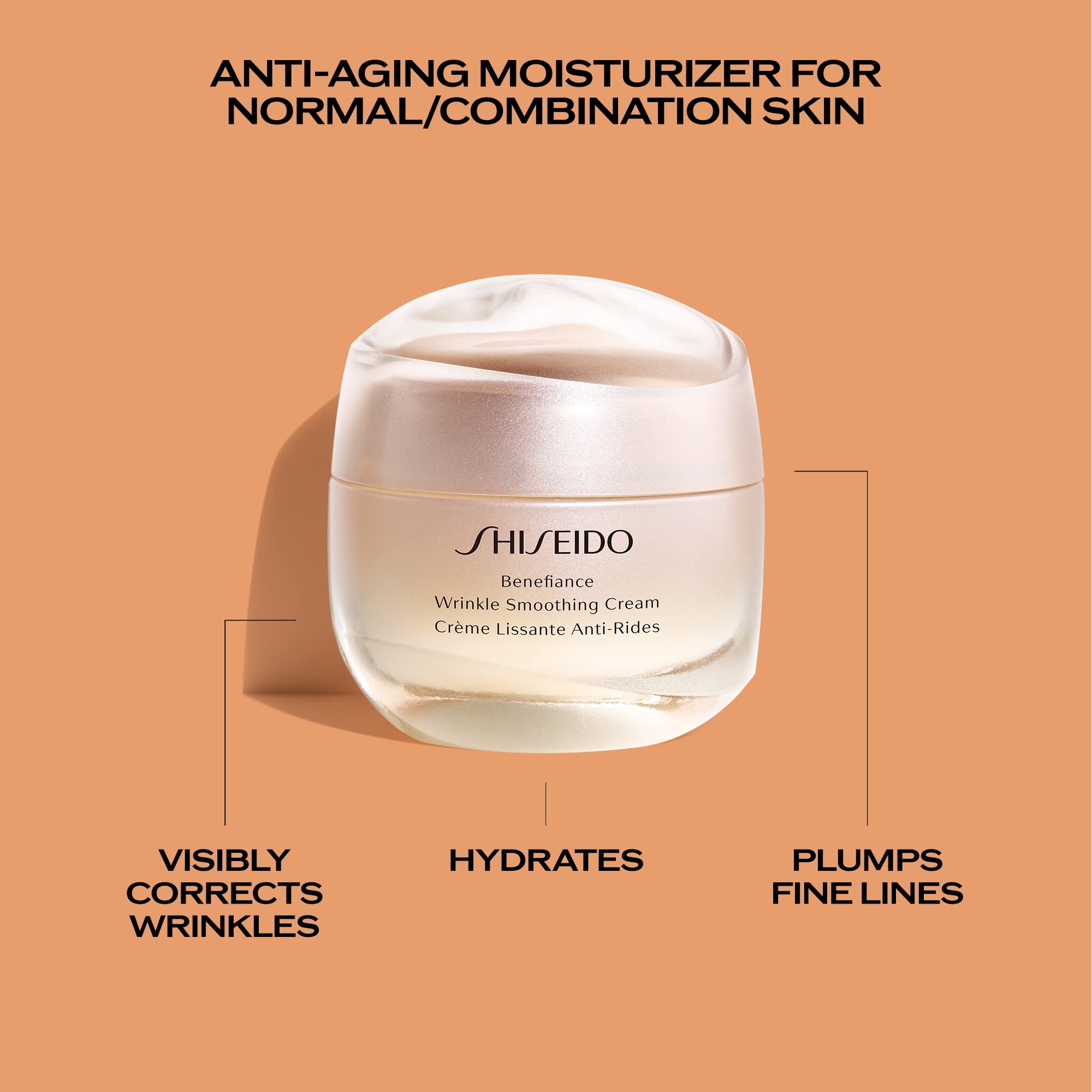 Shiseido Benefiance Wrinkle Smoothing Cream packaging on shelf signals premium anti-aging care.