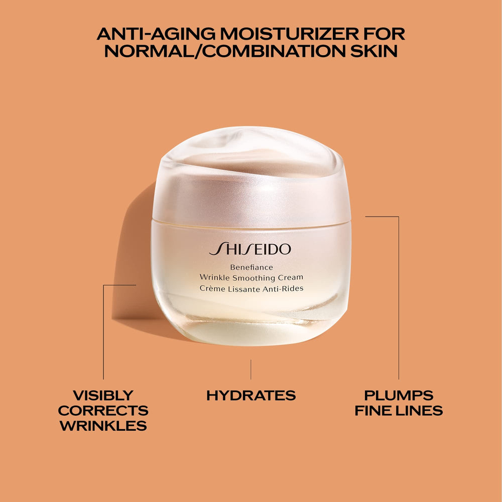 Shiseido Benefiance Wrinkle Smoothing Cream packaging on shelf signals premium anti-aging care.