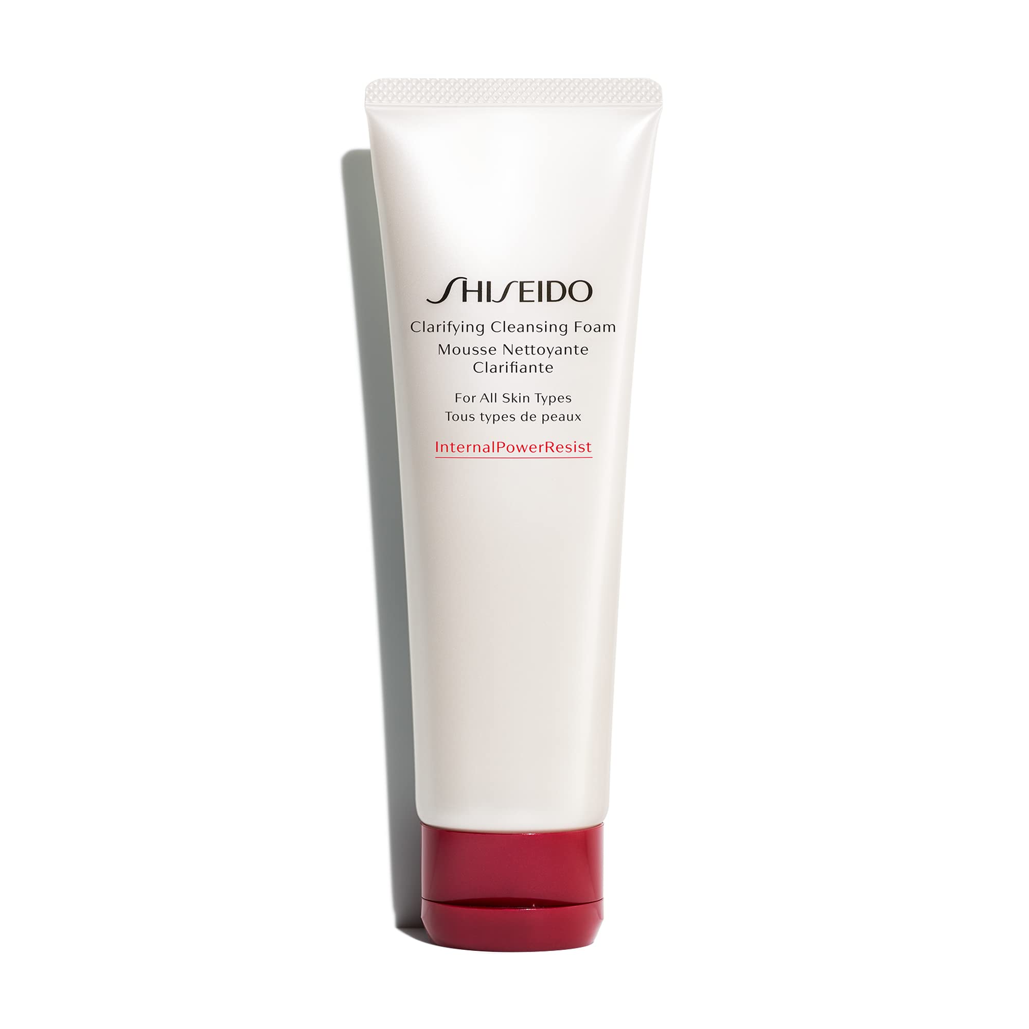 Shiseido Clarifying Cleansing Foam bottle demonstrates gentle cleansing that balances skin for a smoother complexion.