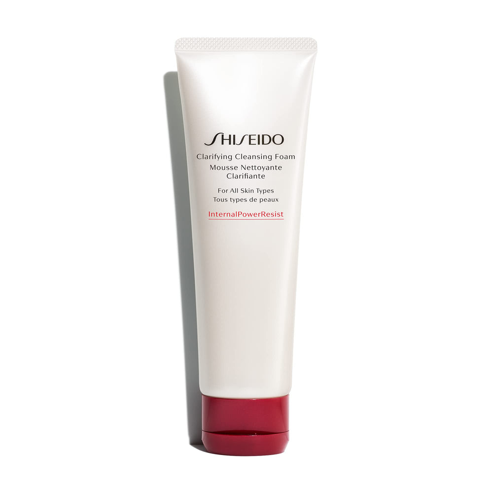 Shiseido Clarifying Cleansing Foam bottle demonstrates gentle cleansing that balances skin for a smoother complexion.