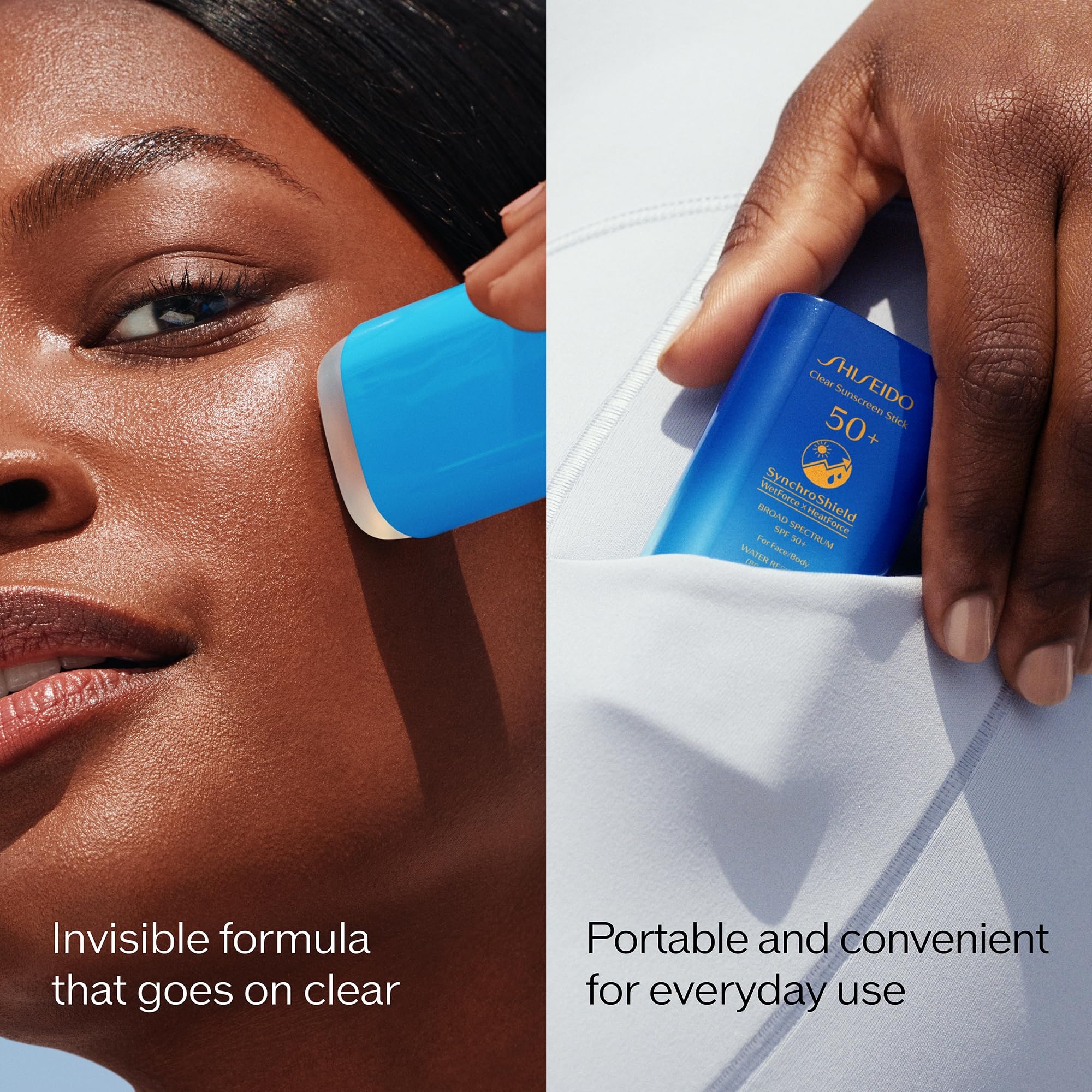 Shiseido Clear Sunscreen Stick over-makeup use enables makeup-friendly SPF touch-ups