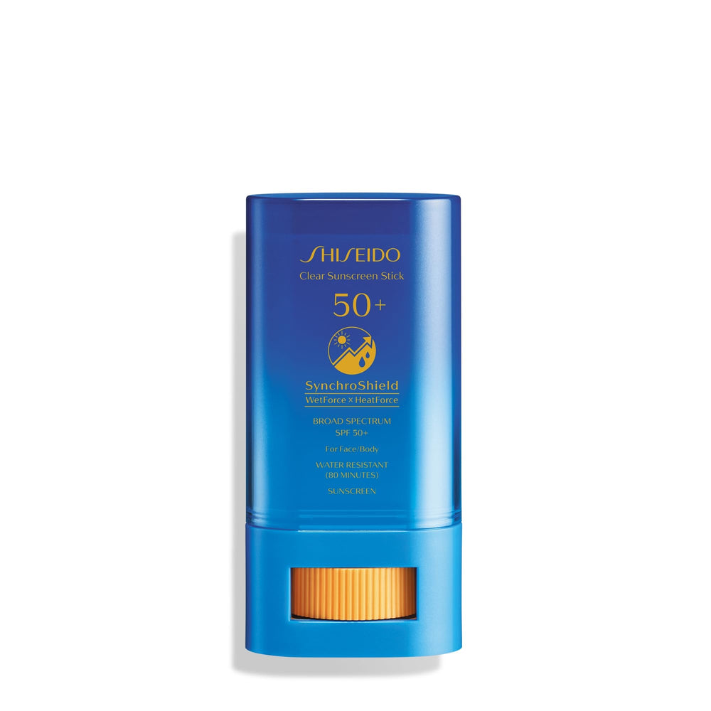 Shiseido Clear Sunscreen Stick packaging highlights portable SPF for on-the-go protection