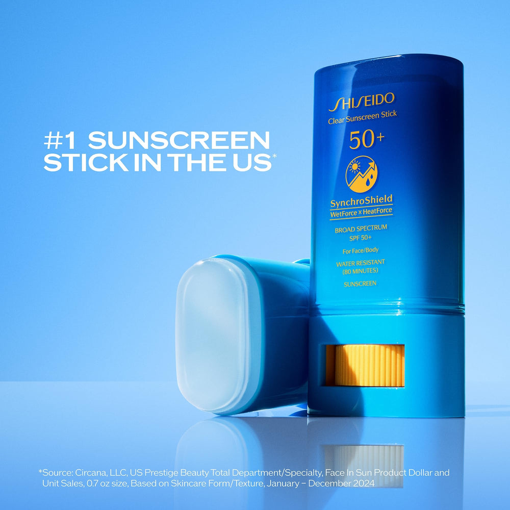Shiseido Clear Sunscreen Stick under-makeup application shows seamless, invisible coverage