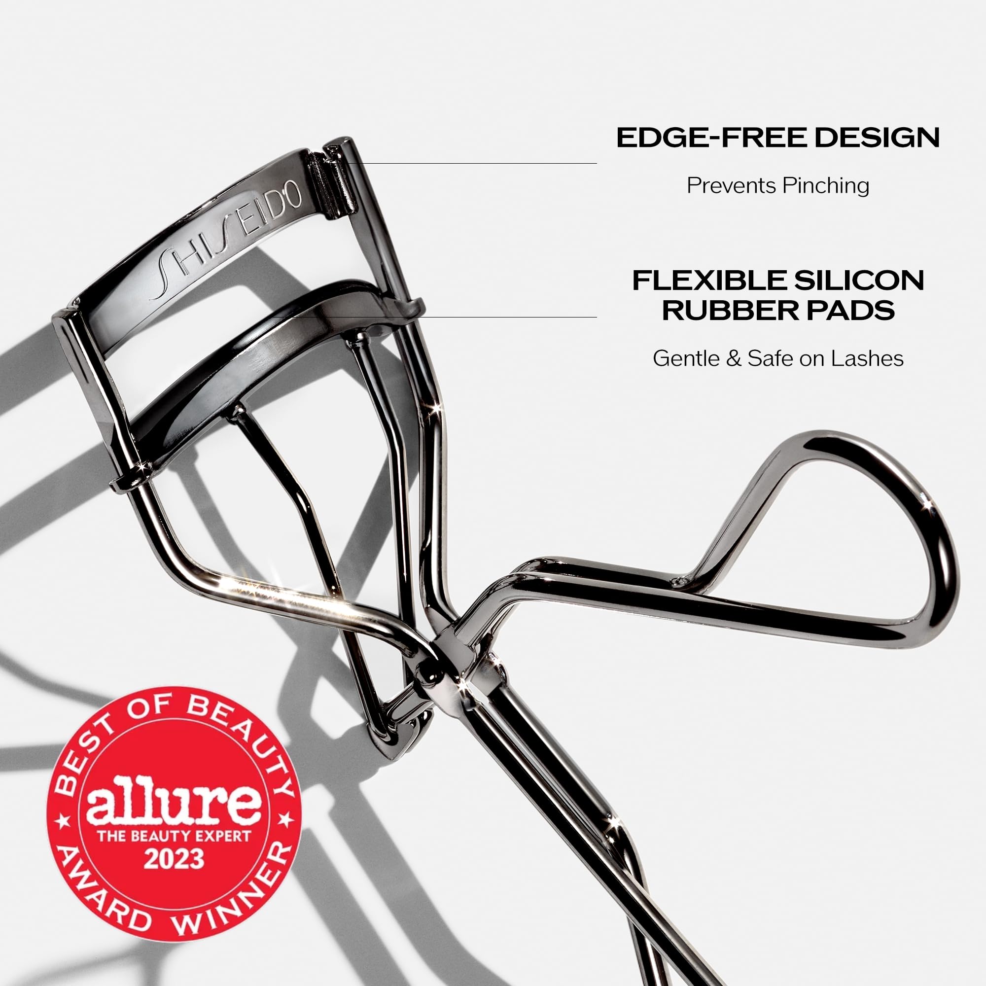 Shiseido eyelash-curler closeup pads show soft silicone cushions for lash safety