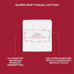 Shiseido facial cotton pads makeup removal demonstration close-up for gentle cleansing.