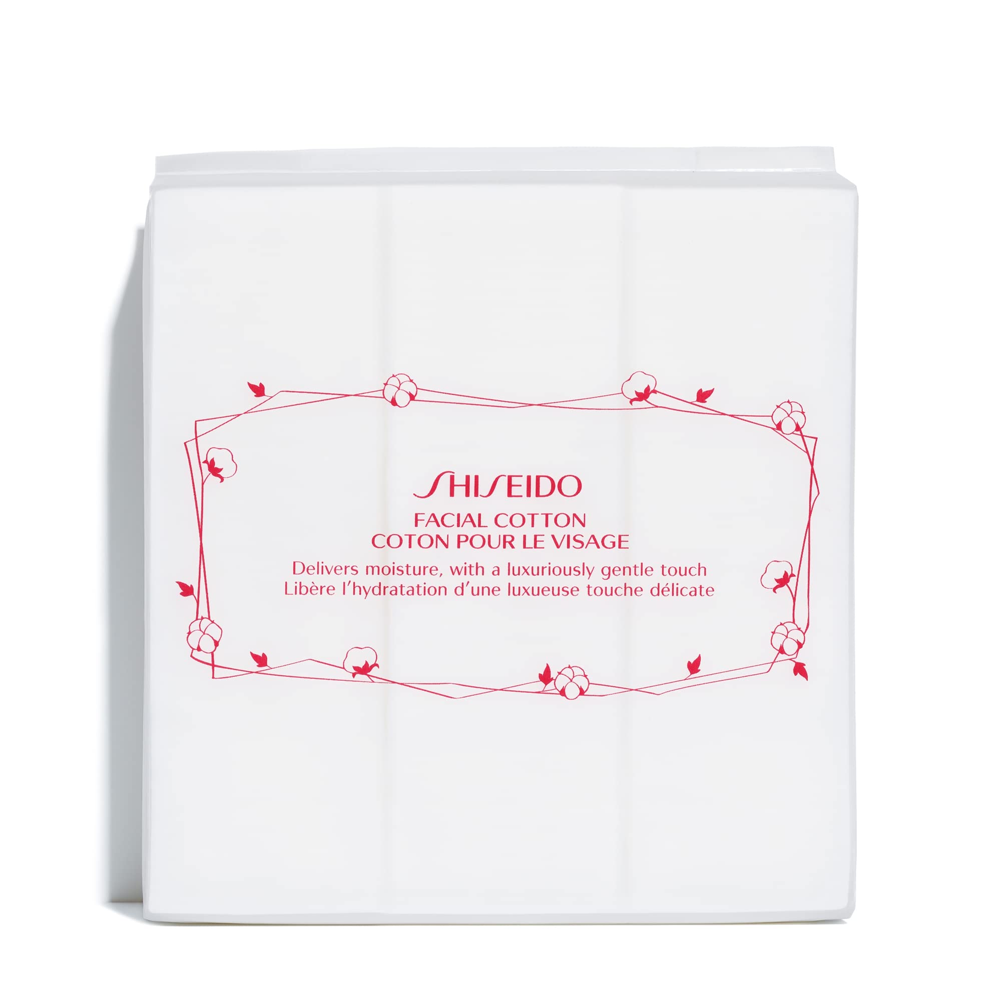 Shiseido facial cotton pads packaging close-up for premium softness during makeup removal.