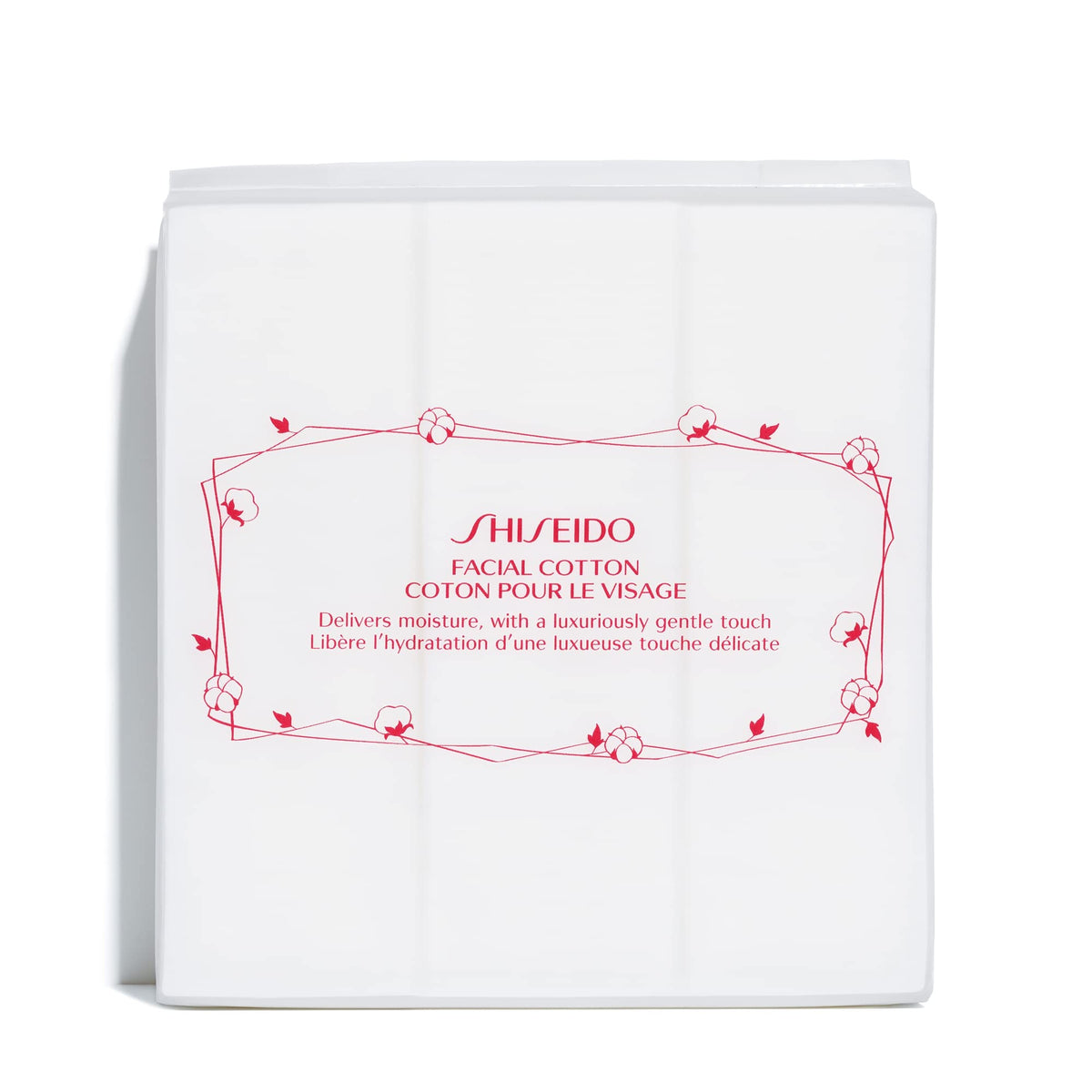 Shiseido facial cotton pads packaging close-up for premium softness during makeup removal.