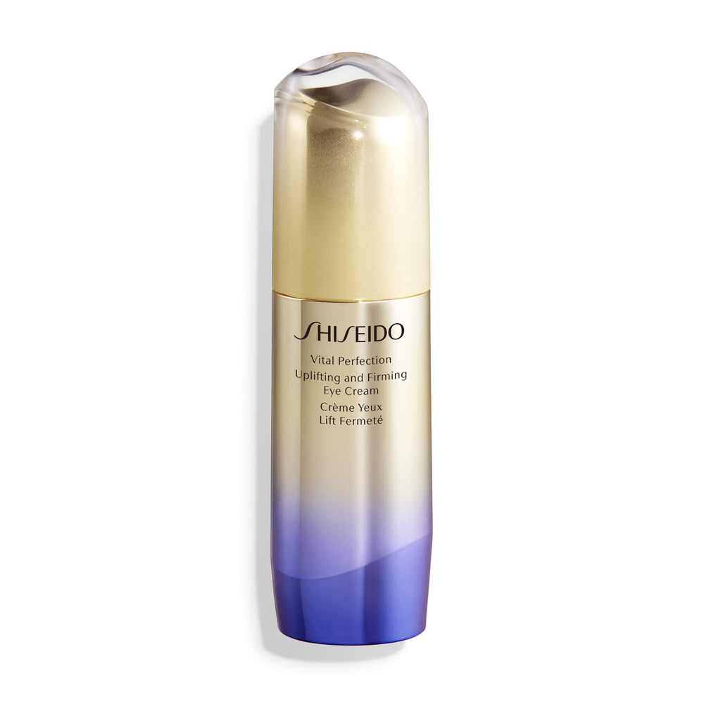 Shiseido Vital Perfection eye cream bottle highlights lifting technology for firmer under-eye area.