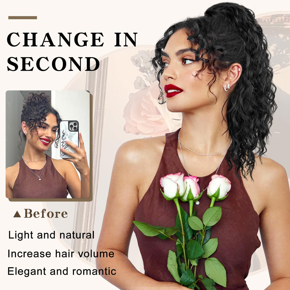SHNMIN Curly ponytail extension in bun style demonstrates versatile styling options
