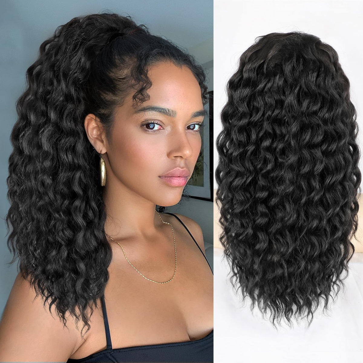 SHNMIN Ponytail Extension 18-inch curly drawstring close-up for natural daily wear