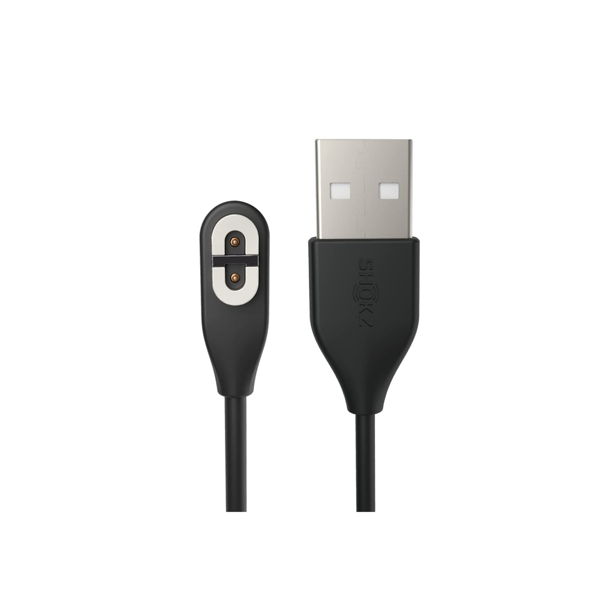 SHOKZ magnetic charger cord closeup showing magnetic tip for quick, easy charging.