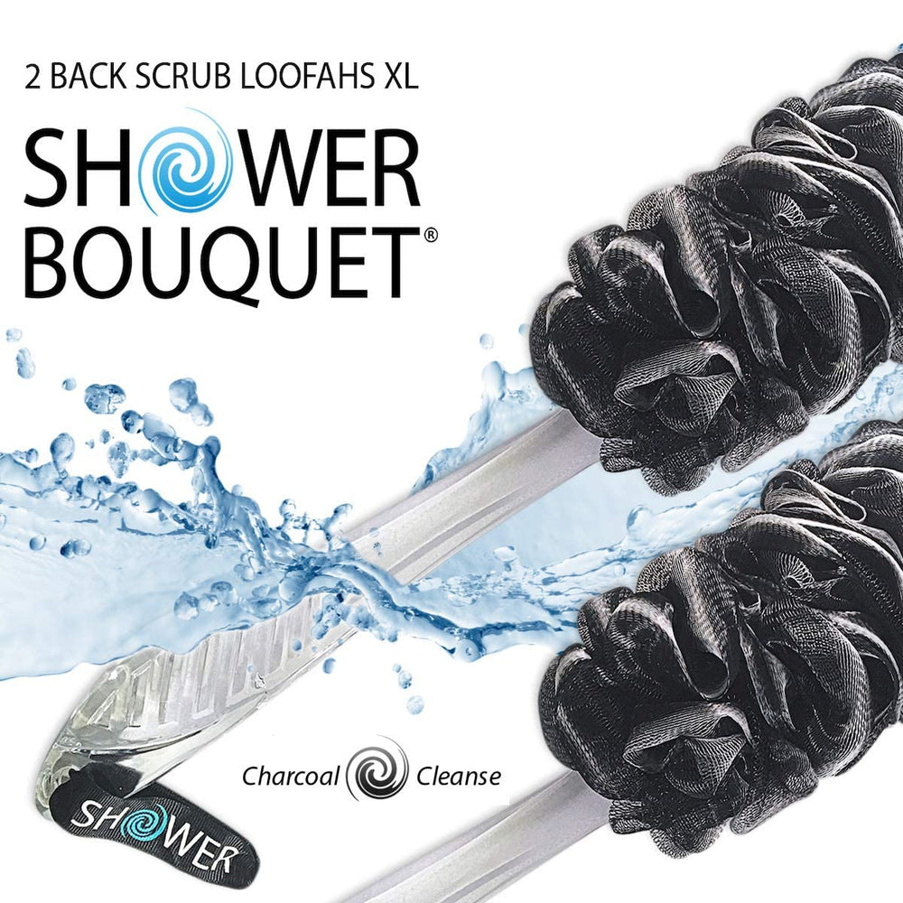Shower Bouquet charcoal-infused scrubber purifies surface while smoothing skin.
