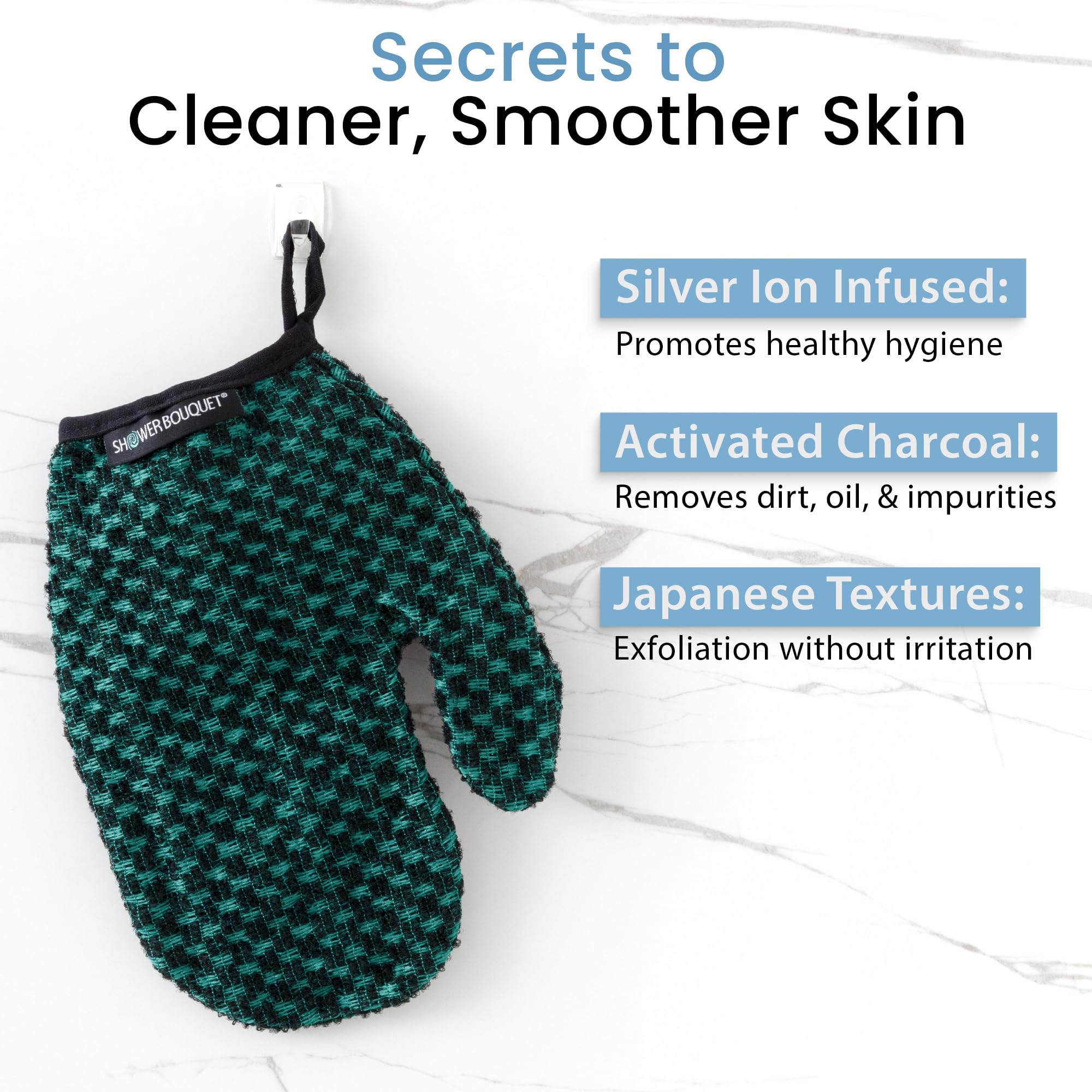 Shower Bouquet mitt outside texture close-up emphasizes premium exfoliation surface.