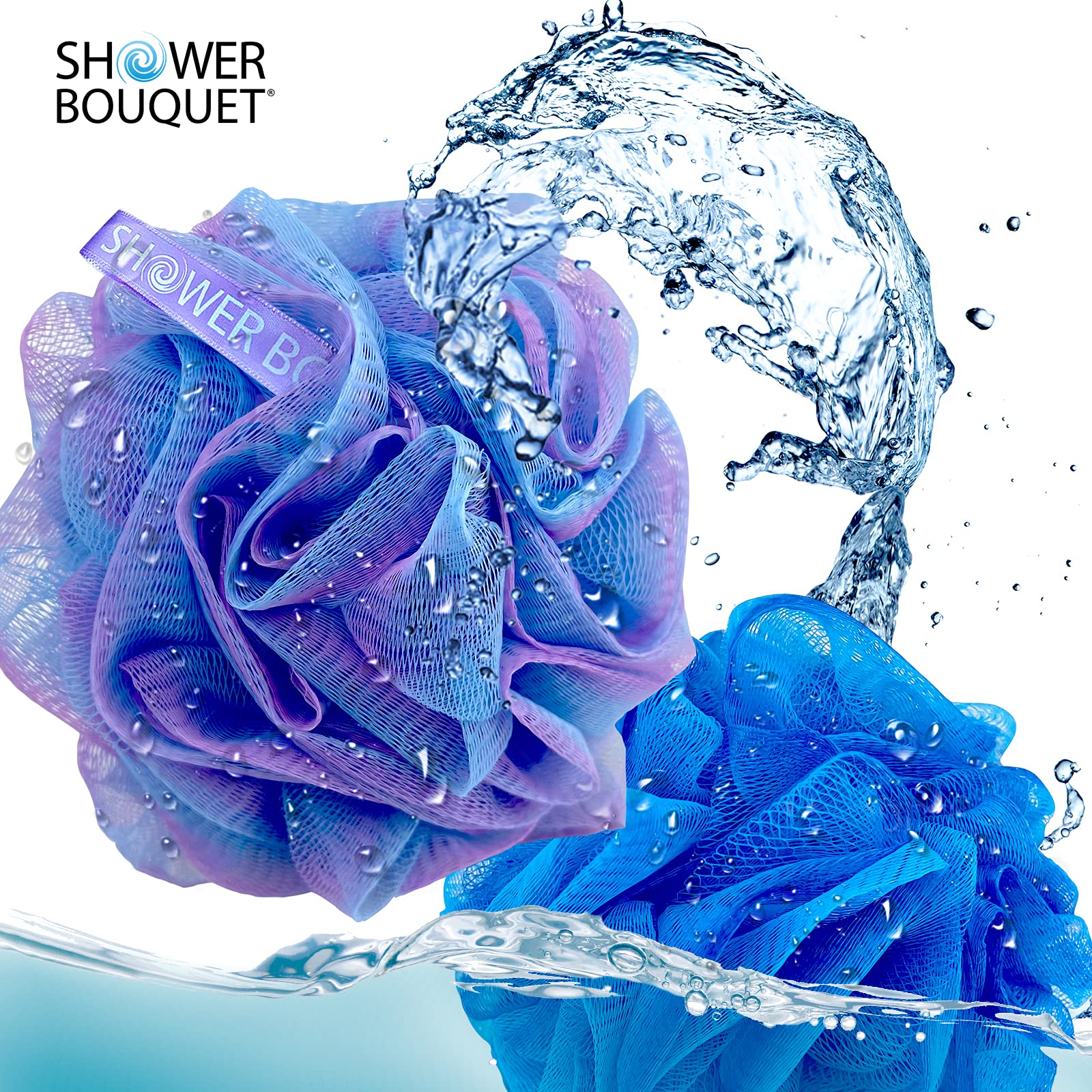 Shower Bouquet hang-dry ribbon-handle loofah offers easy storage after washing.