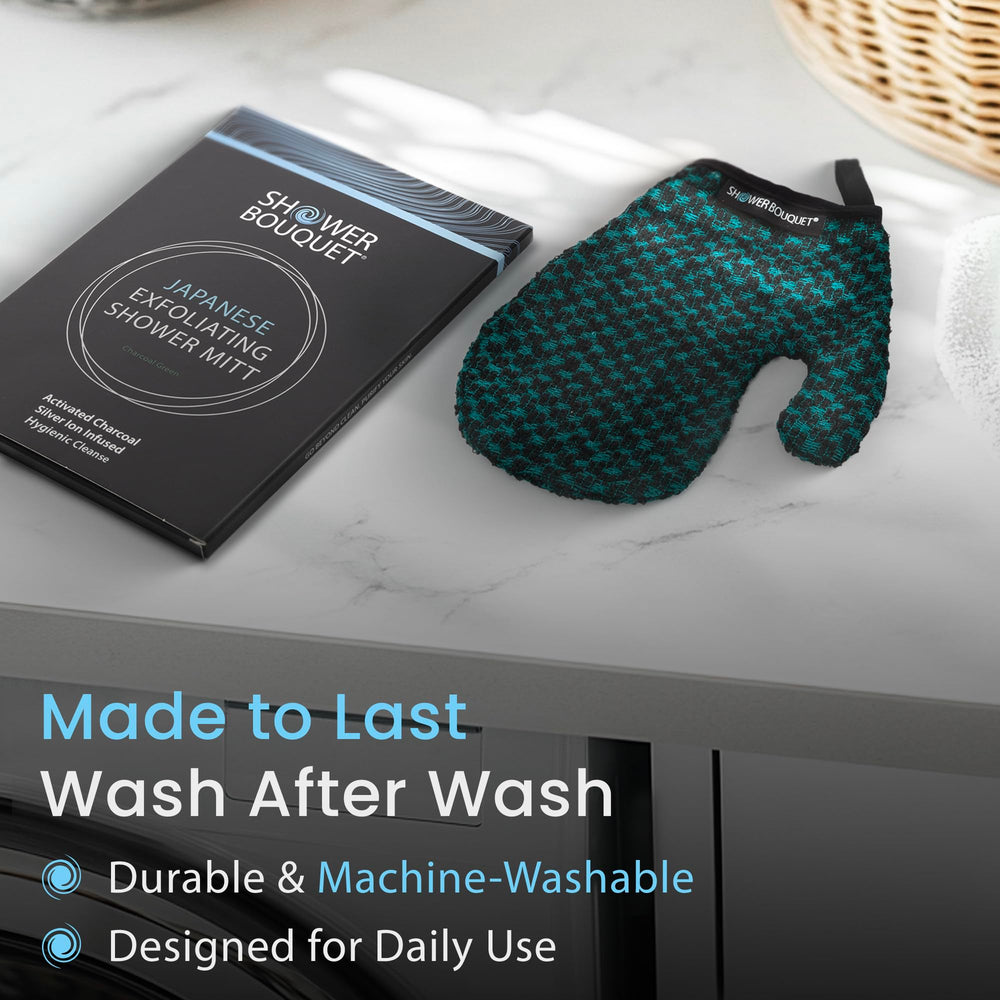 Shower Bouquet exfoliating mitt thumb design enables precise reach.