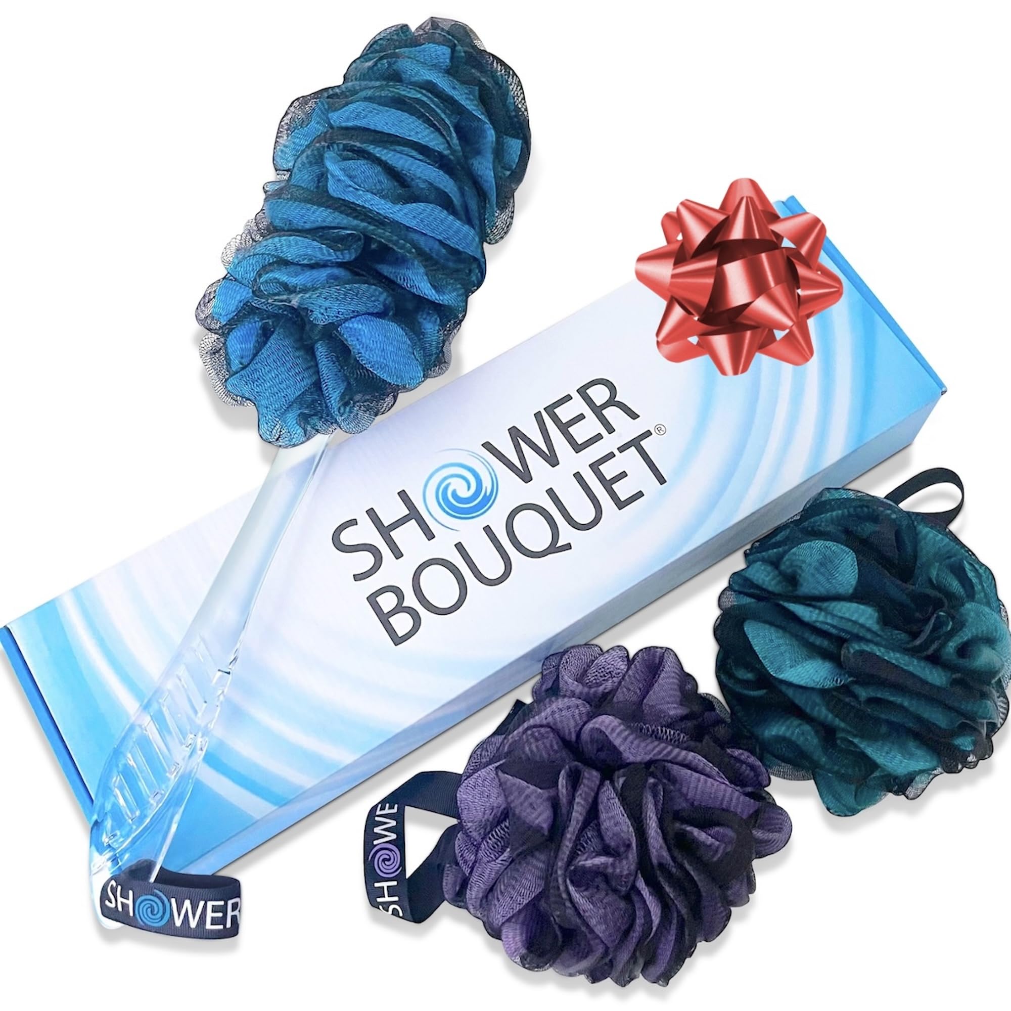 Shower Bouquet long-handle back brush enables easy reach for back cleansing